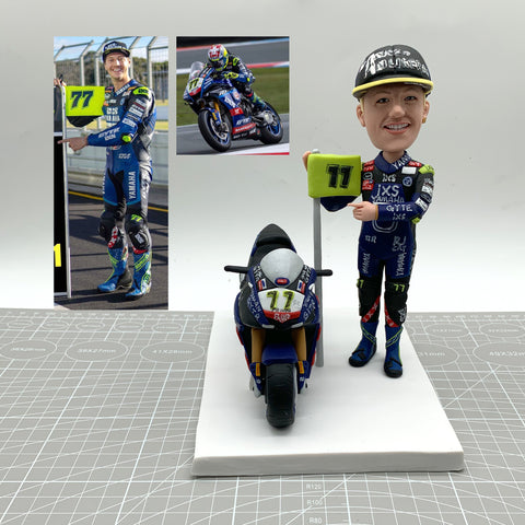 Custom motorcyclist bobbleheads, personalised racers, championship gifts, racing gifts, team member sculptures, anniversary gifts, birthday gifts