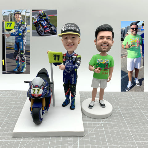 Custom motorcyclist bobbleheads, personalised racing drivers, custom 3D sculptures, champion gifts, racing gifts, team member sculptures, birthday gifts, anniversary gifts